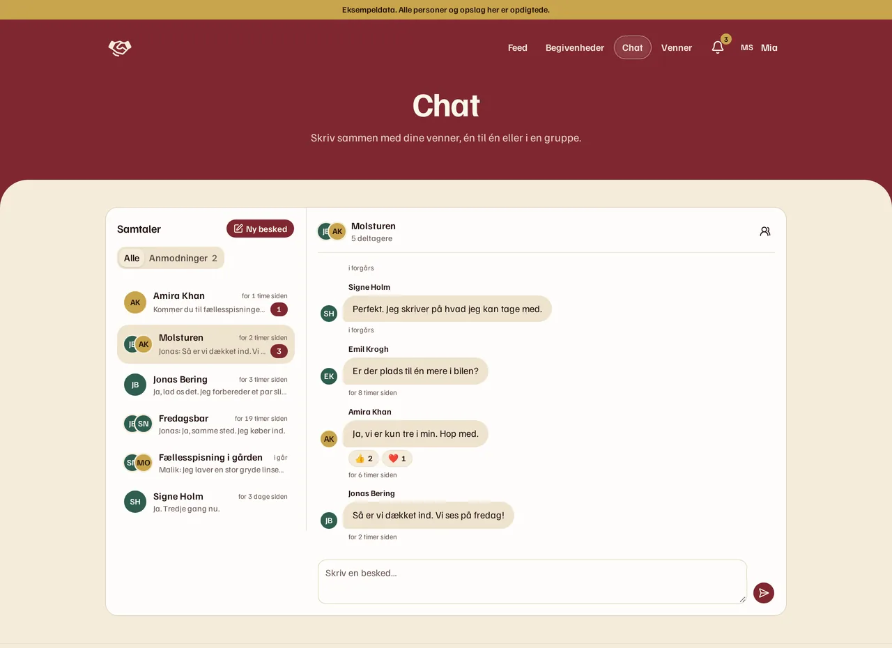 Chatten i Vores Forbindelse: en liste over samtaler til venstre, og til højre en åben gruppesamtale, hvor fire venner planlægger en weekendtur og sætter reaktioner på hinandens beskeder.
